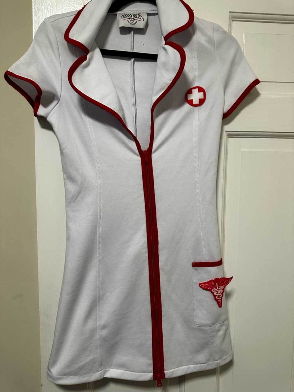 Women's White Button-Front Medical-Inspired Shirt with Red Trim